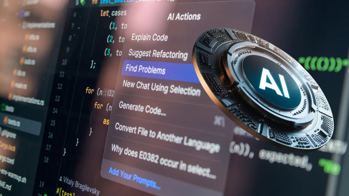 Éditeur de code avec un menu « AI Actions » et un badge « AI » en relief, illustrant l’IA conversationnelle au service des métiers.