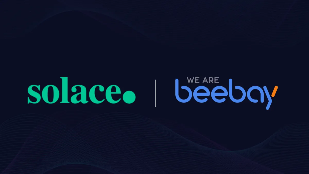 Logos de Solace et de We Are Beebay côte à côte sur fond bleu nuit.