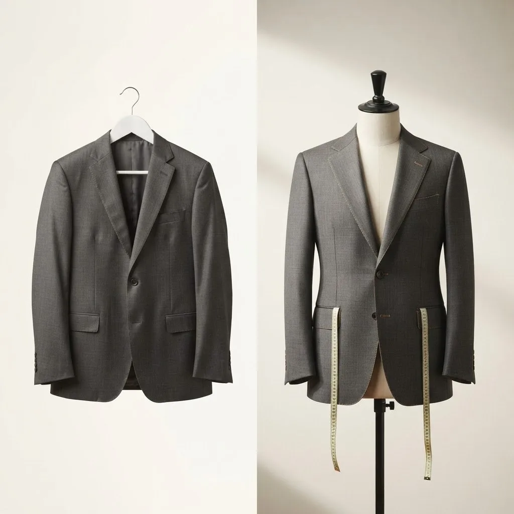 On the left, an off-the-rack jacket on a hanger; on the right, a tailored jacket on a dress form with a measuring tape