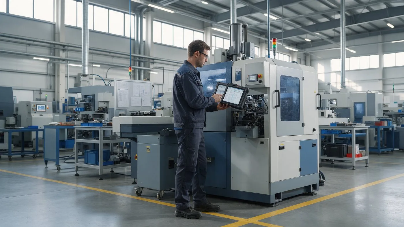 Operator checking a tablet next to a machine on a production floor