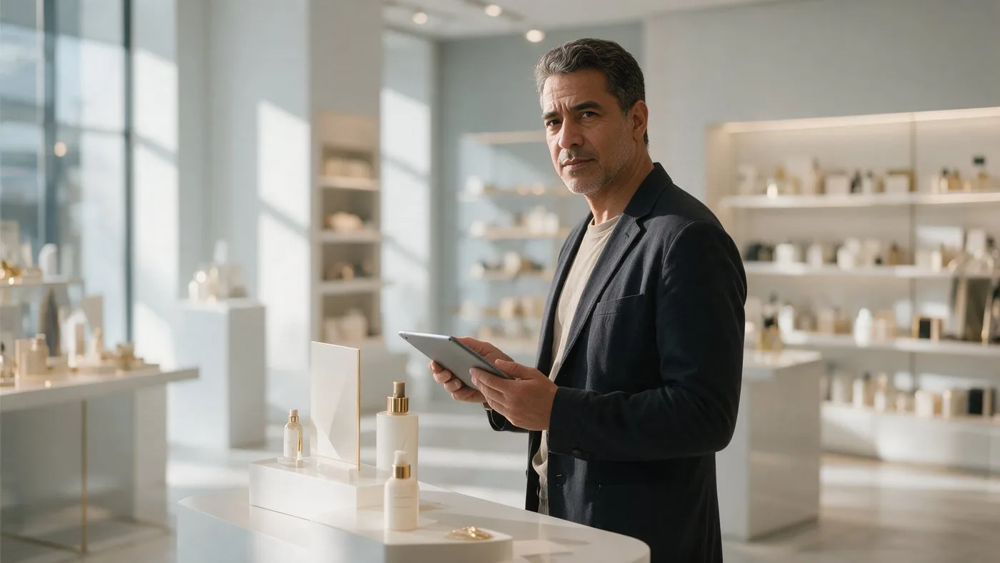 Store manager checking a tablet in a minimalist boutique